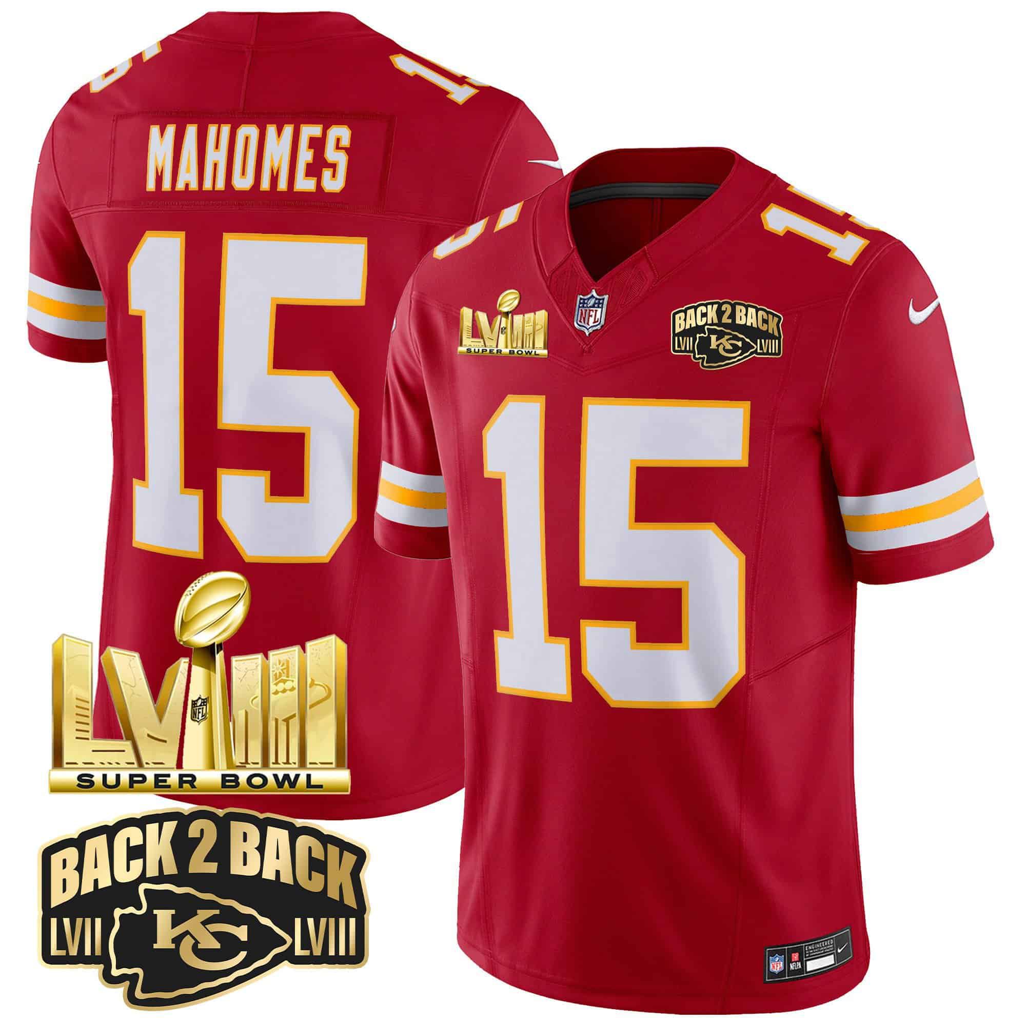 Men Kansas City Chiefs 15 Mahomes Red 2024 Nike Super Bowl LVIII & Back 2 Back Gold Patch Vapor NFL Jersey style 3